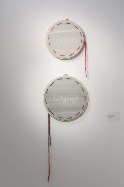 Priscilla Monge, ‘Conversaciones Bordadas’, 2015, Sculpture, Gray marble, wooden frame for embroidery and wool., Lucy García Arte Contemporáneo
