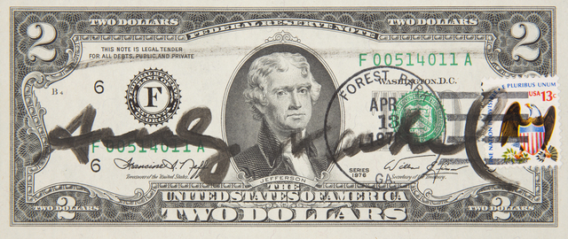 Andy Warhol, ‘Two Dollars Jefferson’, 1976, Mixed Media, Black marker on 1976 U.S. Two Dollar bill with postage stamp and ink cancellation stamp from Forest Park Georgia indicating it was sent through the mail, Julien's Auctions