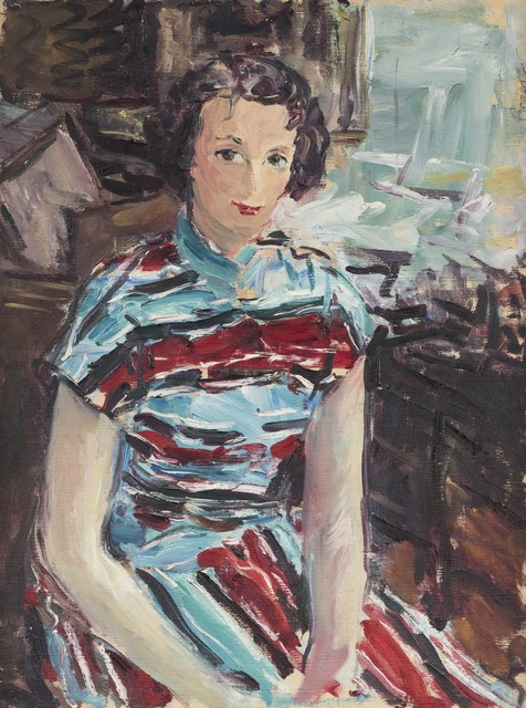 Dimitrie Berea, ‘Portrait de femme à la robe rouge et bleue’, Painting, Oil canvas, Leclere