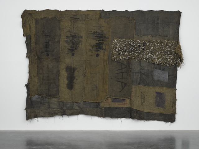 Ibrahim Mahama, ‘AHA’, 2017, Mixed Media, Metal tags and charcoal jute sacks on charcoal jute sacks, White Cube