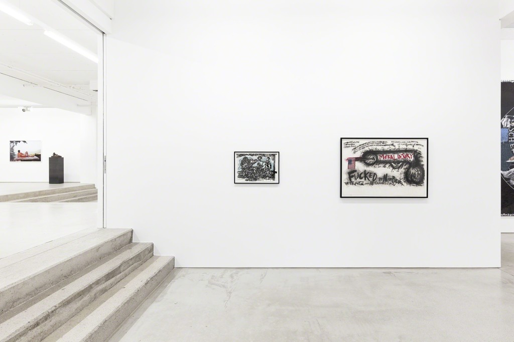 Raymond Pettibon "Untitled (Revised Anarchist Etiquette)" (2001) & Judith Bernstein "Fucked by number" (2013), installation view of the exhibition NEW ACQUISITIONS – Hildebrand Collection, 1 February – 7 May 2017, G2 Kunsthalle Leipzig photo: Dotgain.info © the artists & G2 Kunsthalle Leipzig Raymond Pettibon "Untitled (Revised Anarchist Etiquette)" (2001) & Judith Bernstein "Fucked by number" (2013), installation view of the exhibition NEW ACQUISITIONS – Hildebrand Collection, 1 February – 7 May 2017, G2 Kunsthalle Leipzig photo: Dotgain.info © the artists & G2 Kunsthalle Leipzig