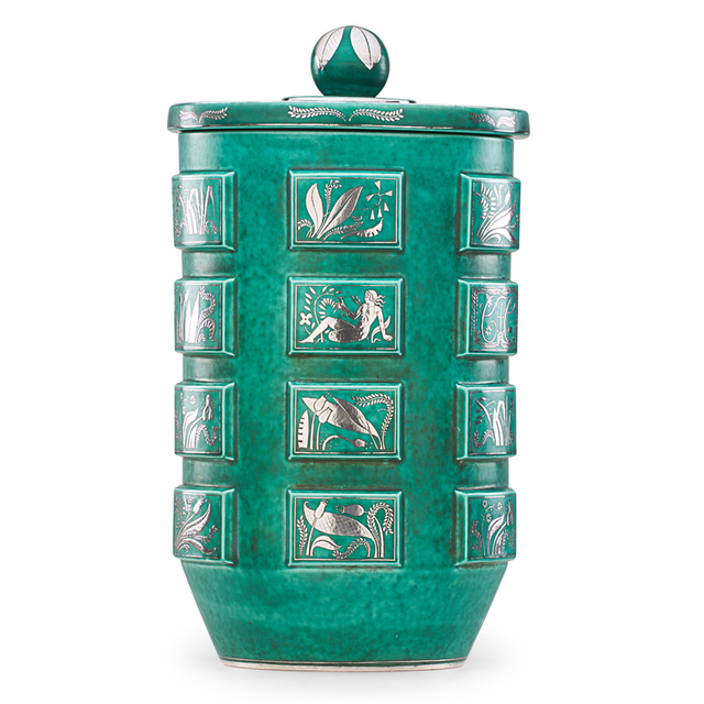 Wilhelm Kåge, ‘Fine large Argenta lidded vessel with decorative panels of nudes, flora, fauna, and monogram CFC, Sweden’, Design/Decorative Art, Glazed stoneware, silver inlay, Rago/Wright