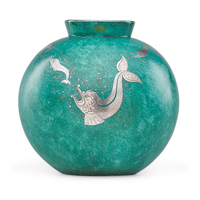 Wilhelm Kåge, ‘Large Argenta vase with fish, Sweden’, 1938, Design/Decorative Art, Glazed stoneware, silver inlay, Rago/Wright