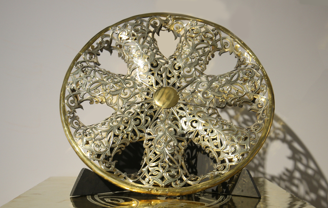 Eric Van Hove, ‘Untitled (Citroën Xsara/Picasso hubcap)’, 2014, Mixed Media, Lemon wood, Middle-Atlas walnut wood, Mahogany wood, recycled brass, camel bone, cow bone, yellow copper, nickeled silver, dye, recycled aluminum, resin, tin, wood glue, Chinese superglue, Richard Taittinger Gallery