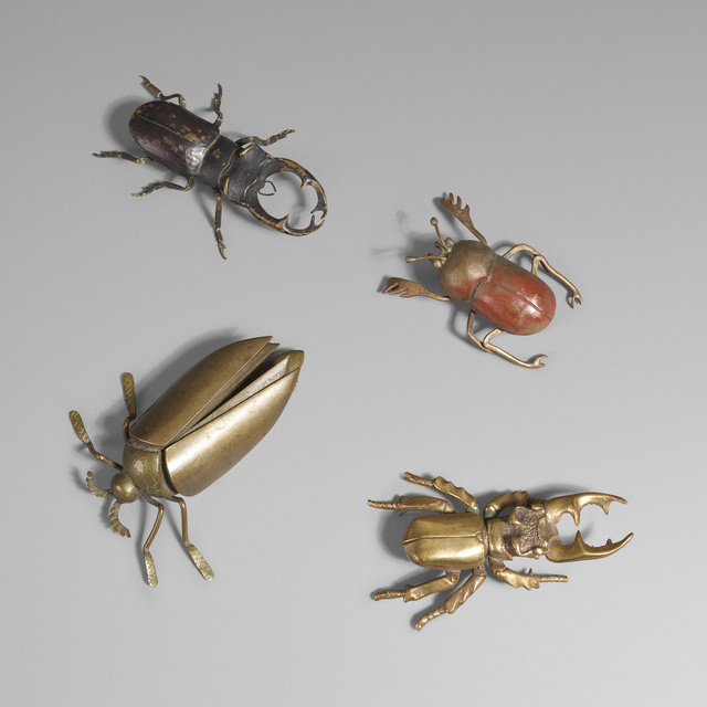 ‘Collection of four bronze beetles’, c. 1920, Sculpture, Cast bronze, enameled bronze, red coral gemstone, Rago/Wright