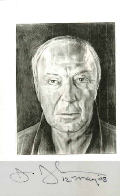 Jasper Johns, ‘Card depicting portrait of the artist by Phong Bui (hand signed and dated by Jasper Johns)’, 2008, Alpha 137 Gallery