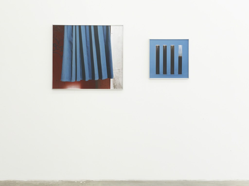 blue curtain / black stripes cluster, 2014, digital c-print, 80 x 73 cm; 45,2 x 45,2 cm, exhibition view at Klemm's, Berlin 2014 blue curtain / black stripes cluster, 2014, digital c-print, 80 x 73 cm; 45,2 x 45,2 cm, exhibition view at Klemm's, Berlin 2014