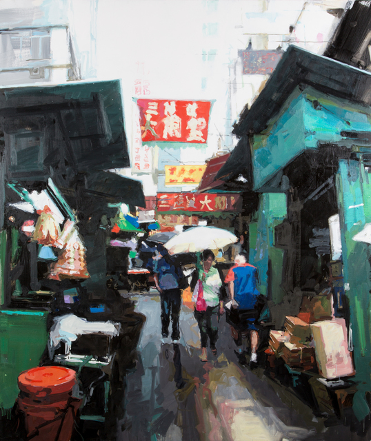 James Hart Dyke, ‘Street scene, green and red, Hong Kong’, 2013, Painting, Oil on canvas, DELAHUNTY