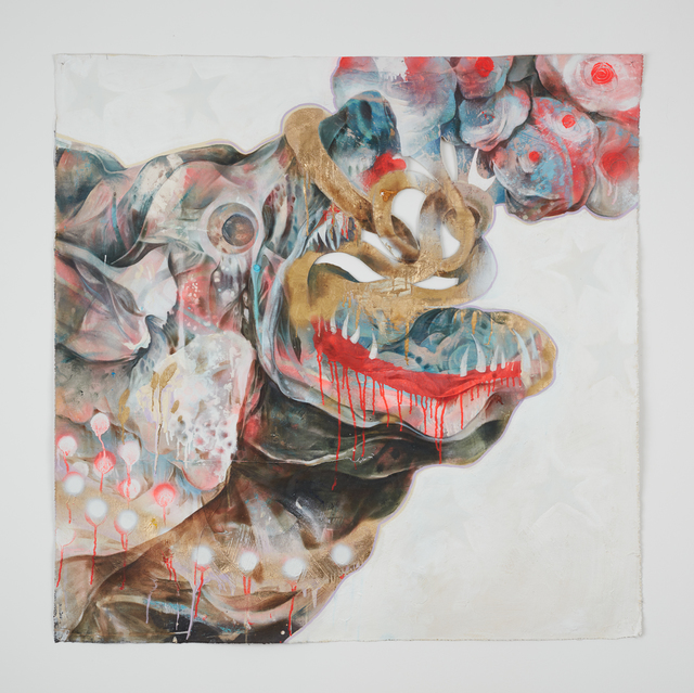 Lavar Munroe, ‘Dog’s Bark Break The Night’, 2017, Painting, Acrylic, spray paint, and found fabric on canvas, Jack Bell Gallery