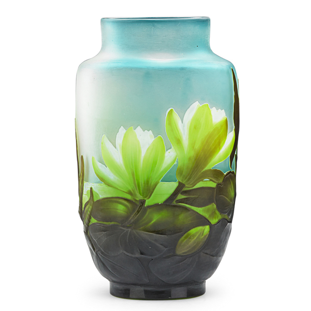 Galle, ‘Exceptional Blown-Out Pillow Vase With Water Lilies, France’, Early 20th C., Design/Decorative Art, Acid-Etched Cameo Glass, Rago/Wright