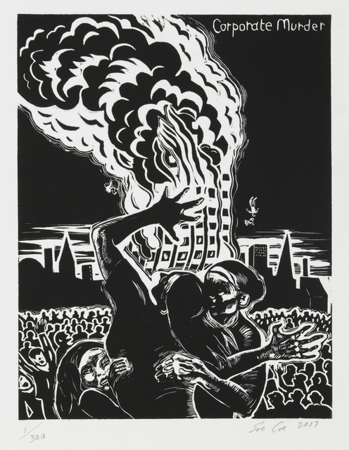 Sue Coe, ‘Grenfell Tower (Corporate Murder)’, 2017, Print, Linocut on white Rives BFK paper, Galerie St. Etienne