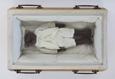 Charles LeDray, ‘Untitled’, 1991, Sculpture, Teddy bear, fabric, wood box, and metal hinges, Bronx Museum of the Arts