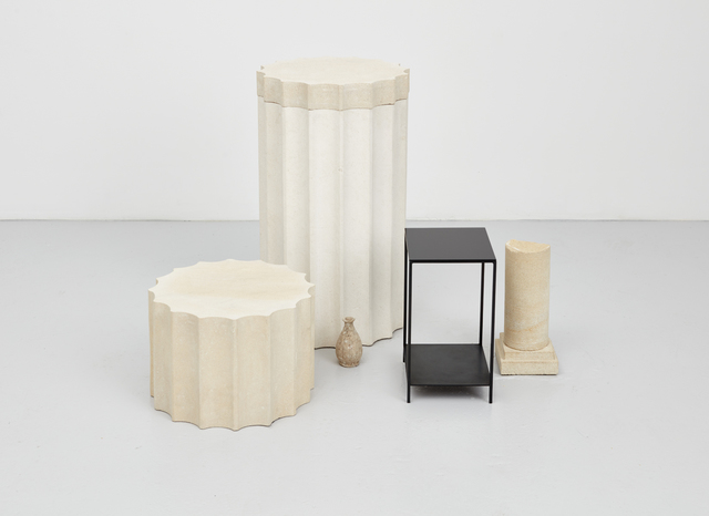 Haris Epaminonda, ‘Untitled #03 g/i’, 2017, Sculpture, Two sandstone carved columns, white limestone carved column, small browned metal table with black glass top, found sandstone carving, small old clay vase, Casey Kaplan