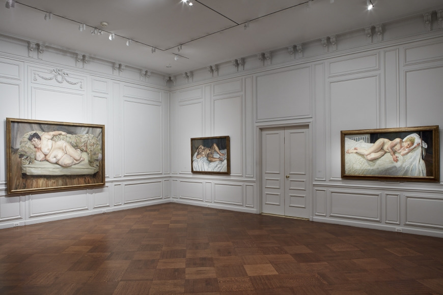 Left to right:
Benefits Supervisor Sleeping, 1995
Oil on canvas
59 5/8 x 86 inches
Private Collection
Naked Solicitor, 2003
Oil on canvas
42 x 54 inches
Private Collection
Ria, Naked Portrait, 2006-07
Oil on canvas
34 x 64 inches
Private Collection
Photo by Kent Pell. Art © The Lucian Freud Archive / Bridgeman Images.
Left to right:
Benefits Supervisor Sleeping, 1995
Oil on canvas
59 5/8 x 86 inches
Private Collection
Naked Solicitor, 2003
Oil on canvas
42 x 54 inches
Private Collection
Ria, Naked Portrait, 2006-07
Oil on canvas
34 x 64 inches
Private Collection
Photo by Kent Pell. Art © The Lucian Freud Archive / Bridgeman Images.
