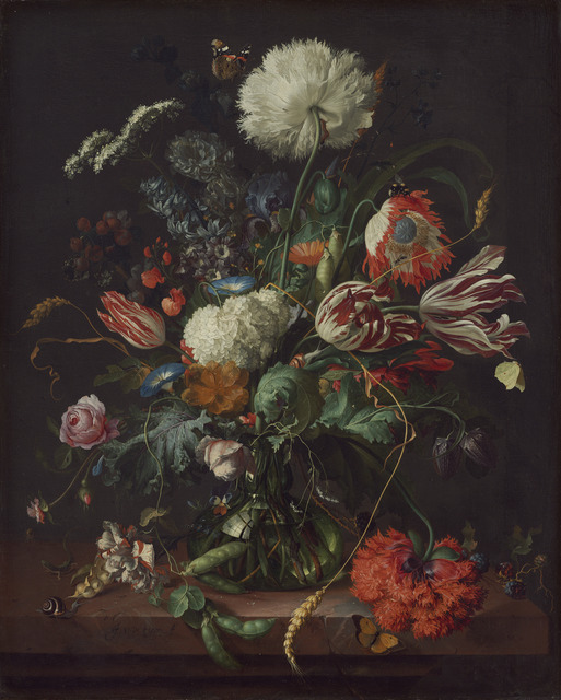 A basket of flowers with a tazza on a wooden ledge oil painting