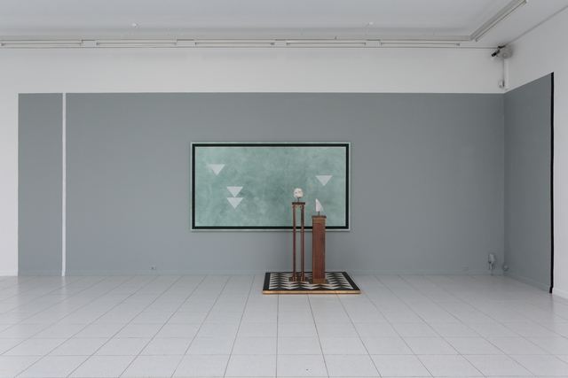 Kamrooz Aram, ‘A Monument for Living In Defeat’, 2016, Mixed Media, Oil, oil crayon, wax and colour pencil on canvas; terrazzo and brass on panel, pedestals: solid walnut and brass pedestals, sculptures: soapstone and alabaster, Museum Dhondt-Dhaenens