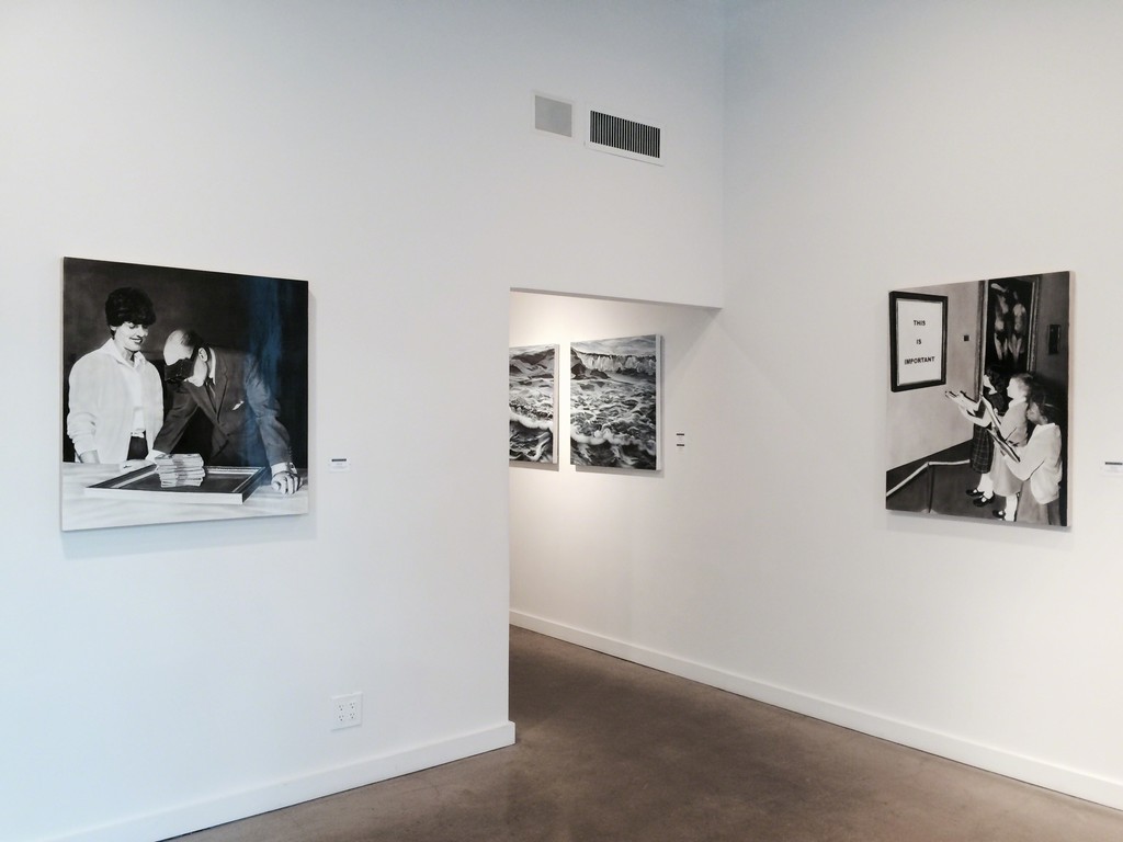 "Art Appreciation" 2014 (left) and "The Masterpiece" 2014, black oil and white gesso on wood panel "Art Appreciation" 2014 (left) and "The Masterpiece" 2014, black oil and white gesso on wood panel
