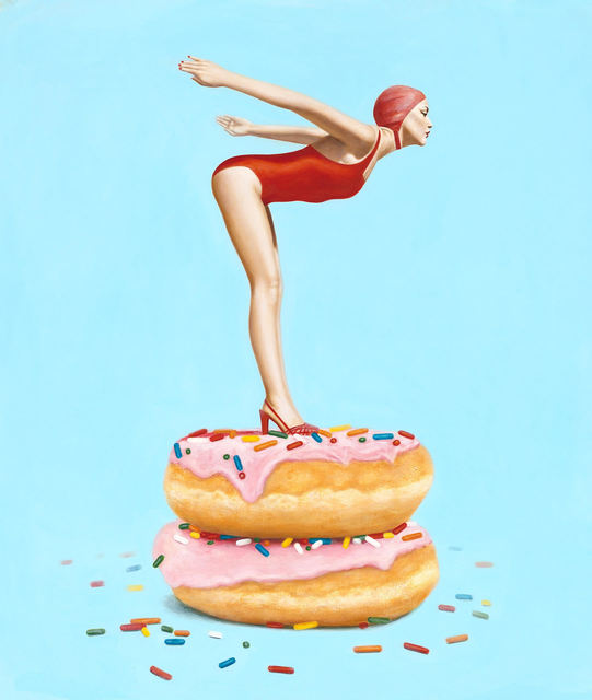 Elise Remender, ‘"Day Dream" Surrealistic oil painting of a woman in a red suit standing on donuts’, 2019, Eisenhauer Gallery