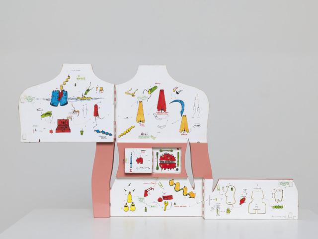 Gianfranco Baruchello, ‘Interiority Complex’, 1966/1976, Mixed Media, Indian ink, watercolor, enamels on paper on wood, metal joints, knob, Massimo De Carlo