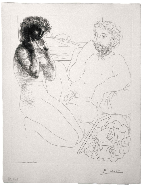 Pablo Picasso, ‘Sculpteur et Modèle se regardant dans un Miroir calé sur un Autoportrait sculpté (S.V. 69)’, 1933, Print, Etching, John Szoke