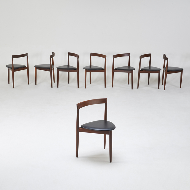 Hans Olsen Assembled Set Of Eight Leather Back Tripod Nesting Chairs