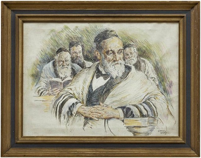Samuel George Cahan, ‘Vintage Illustration Judaica Painting, The Rabbi's (Men at Prayers)’, Mid-20th Century, Lions Gallery