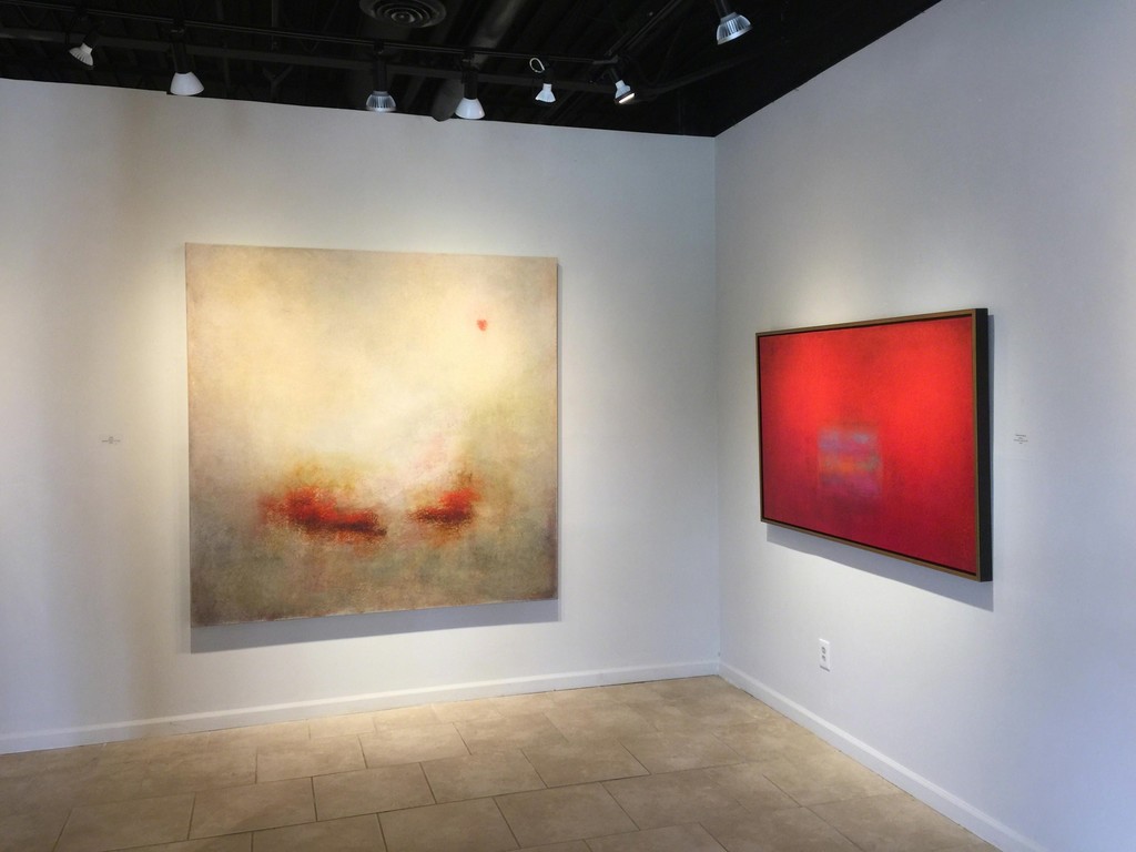 Signs of Spring exhibition, two paintings by Scott Upton, (L) Misty Sunrise, mixed media on canvas, 72 x 72 inches; (R) Passion and Pleasure, mixed media on canvas, 36 x 60 inches Signs of Spring exhibition, two paintings by Scott Upton, (L) Misty Sunrise, mixed media on canvas, 72 x 72 inches; (R) Passion and Pleasure, mixed media on canvas, 36 x 60 inches