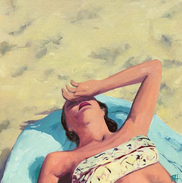 T.S. Harris, ‘''Beach Swoon'' oil painting of a woman sunbathing on a blue towel’, 2019, Painting, Oil on Canvas, Eisenhauer Gallery