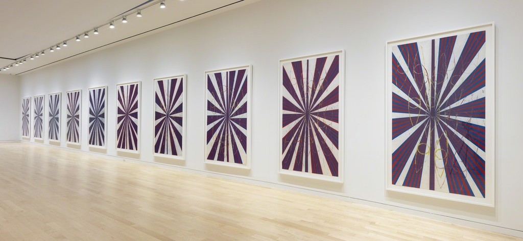 MARK GROTJAHN
Untitled (Captain America Drawing in Ten Parts 41.17), 2008–09 (detail) Installation View
Colored pencil on paper
Each framed panel: 93 x 55 1/8 x 2 3/8 inches
(236.2 x 140 x 6 cm)
Artwork © Mark Grotjahn. Photography by Robert McKeever. Courtesy Gagosian Gallery. MARK GROTJAHN
Untitled (Captain America Drawing in Ten Parts 41.17), 2008–09 (detail) Installation View
Colored pencil on paper
Each framed panel: 93 x 55 1/8 x 2 3/8 inches
(236.2 x 140 x 6 cm)
Artwork © Mark Grotjahn. Photography by Robert McKeever. Courtesy Gagosian Gallery.
