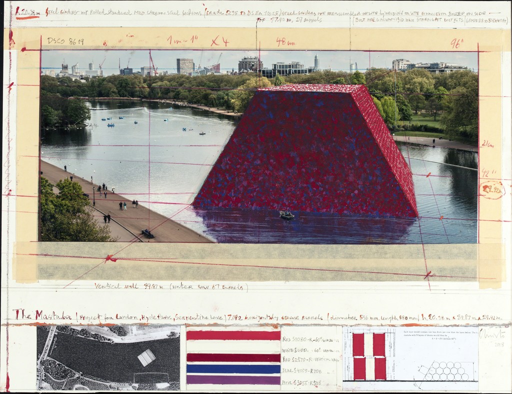 Christo, The Mastaba (Project for London, Hyde Park, Serpentine Lake), Collage 2018: 43.1 x 55.9, Pencil, wax crayon, enamel paint, colour photograph by Wolfgang Volz, map, technical data, mylar and tape, Photo: André Grossmann © Christo 2018 Christo, The Mastaba (Project for London, Hyde Park, Serpentine Lake), Collage 2018: 43.1 x 55.9, Pencil, wax crayon, enamel paint, colour photograph by Wolfgang Volz, map, technical data, mylar and tape, Photo: André Grossmann © Christo 2018