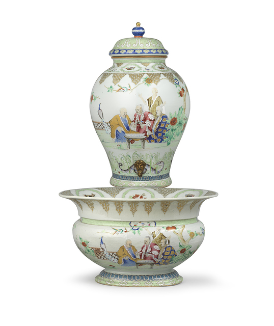 Porcelain, ‘Cistern and Basin decorated with 'the Doctor's Visit" after Cornelis Pronk Porcelain’, 1736-1795, Jorge Welsh Works of Art