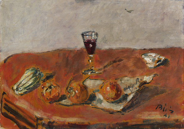Filippo De Pisis, ‘Natura morta con tovaglia rossa e bicchiere’, 1941, Painting, Oil on Cardboard, Il Ponte