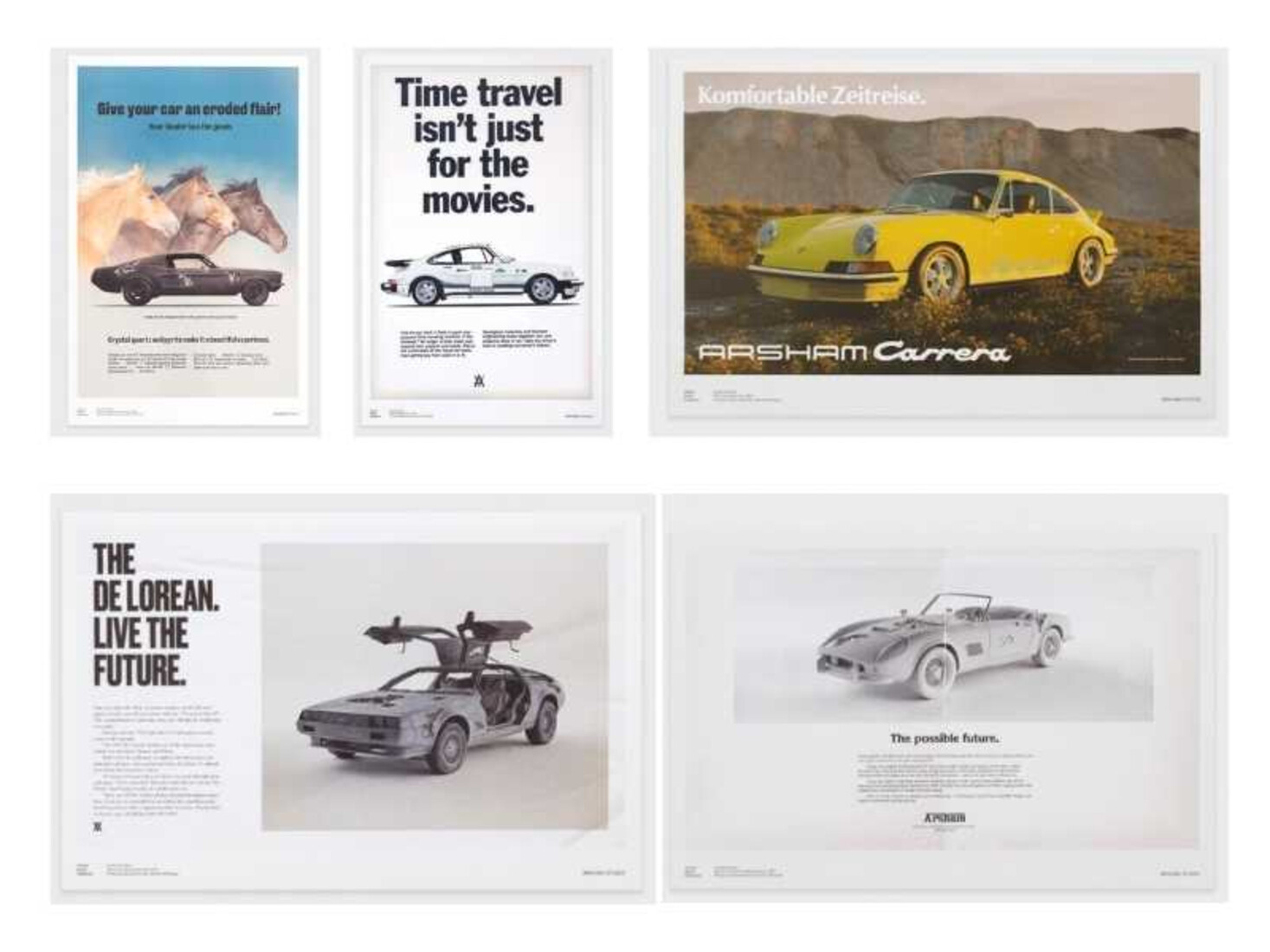 Collection of car-themed posters featuring different vehicles and text.