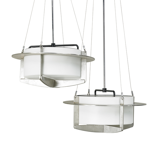 I.M. Pei, ‘Pair of chandeliers’, ca. 1968, Design/Decorative Art, Brushed stainless steel, chromed and enameled steel, single socket, metal halide bulb, USA, Rago/Wright