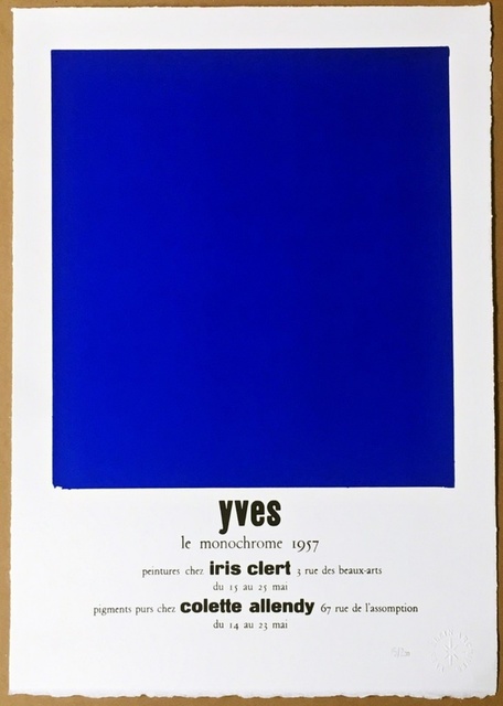 Yves Klein, ‘Peintures Chez Iris Clert, 1957 (Certified by Yves Klein Archives)’, 2015, Print, Lithograph on BFK Rives Paper with Deckled Edges, Alpha 137 Gallery