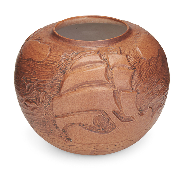 H. Rodningen, ‘North Dakota School Of Mines, Vase With Tall Ships, Matte Brown Glaze, Grand Forks, ND’, 1958, Design/Decorative Art, Rago/Wright