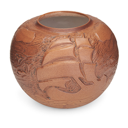 North Dakota School Of Mines, Vase With Tall Ships, Matte Brown Glaze, Grand Forks, ND