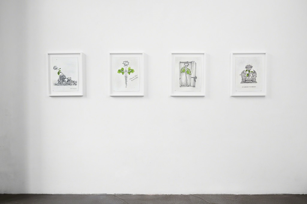 Ludo, 'The Ten Commitments' installation view at The Garage, Amsterdam. From left, 'Bring Dialogues', 'Pray the Lord', 'Wish You Were Here' and 'In Greed We Trust'. Ludo, 'The Ten Commitments' installation view at The Garage, Amsterdam. From left, 'Bring Dialogues', 'Pray the Lord', 'Wish You Were Here' and 'In Greed We Trust'.