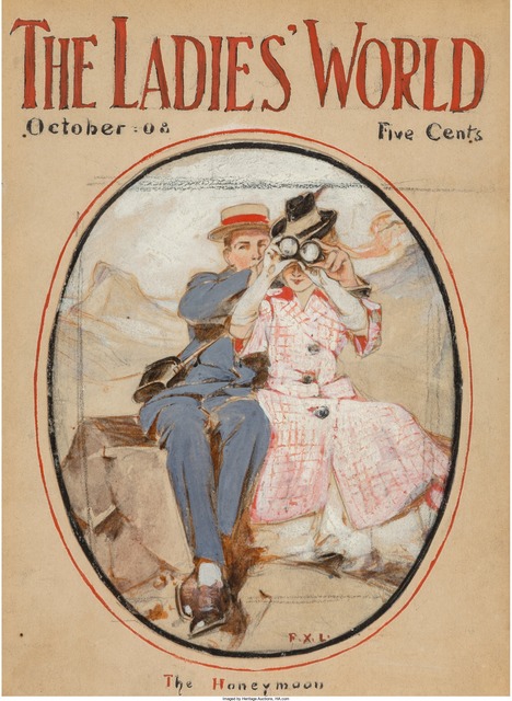 Francis Xavier Leyendecker, ‘The Honeymoon, The Ladies World Magazine Cover, October 1908 ’, 1908, Painting, Mixed Media on Board with Collage, The Illustrated Gallery