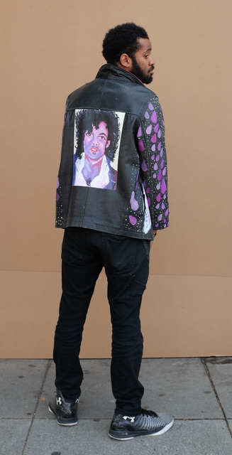 Joseph Green, ‘Prince (Jacket)’, 2018, Fashion Design and Wearable Art, Mixed media on leather jacket, modeled by artist Joseph Green, Creativity Explored