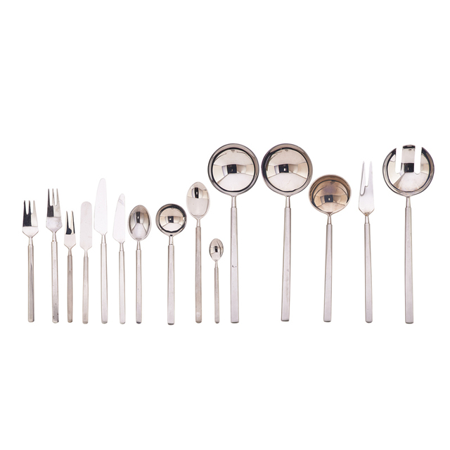 Erik Herlow, ‘Ten-Piece Obelisk Flatware Set For Eight With Five Serving Pieces, Denmark’, 1950s, Design/Decorative Art, Polished Stainless Steel, Rago/Wright