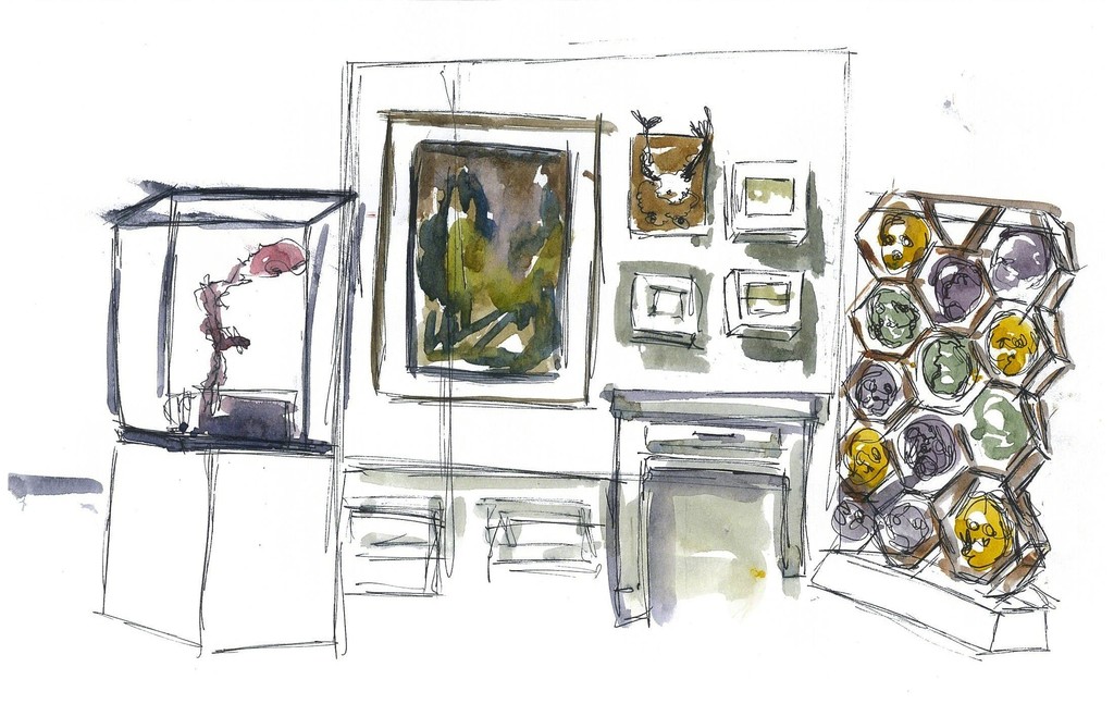Watercolor and graphite rendering of Galerie Stephanie's Art Fair Philippines booth, "Curiosities" by Syrian artist Noor Bahjat. Watercolor and graphite rendering of Galerie Stephanie's Art Fair Philippines booth, "Curiosities" by Syrian artist Noor Bahjat.