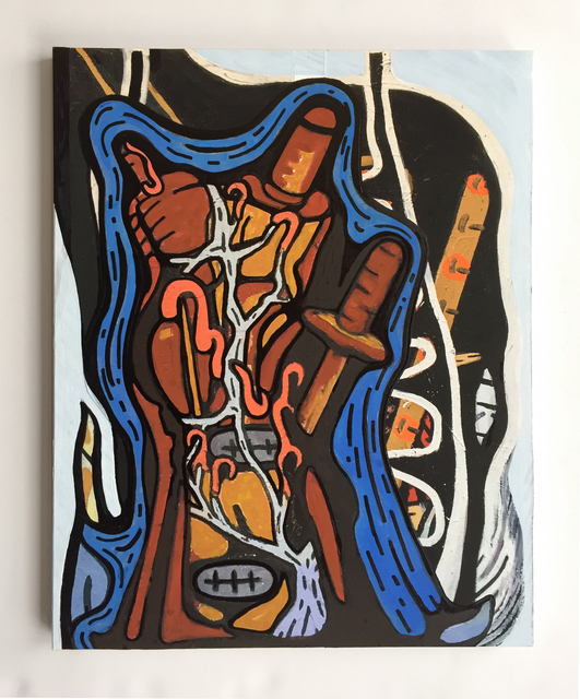 Jim Chatelain, ‘Samurai family man meets the snake’, 2017, Painting, Acrylic, oil, paper, matte board, on wooden panel, Simone DeSousa Gallery