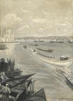 Abdülhamid II crossing the Bosphorus for his coronation in the Eyüp Sultan Mosque, the Dolmabahçe Mosque beyond