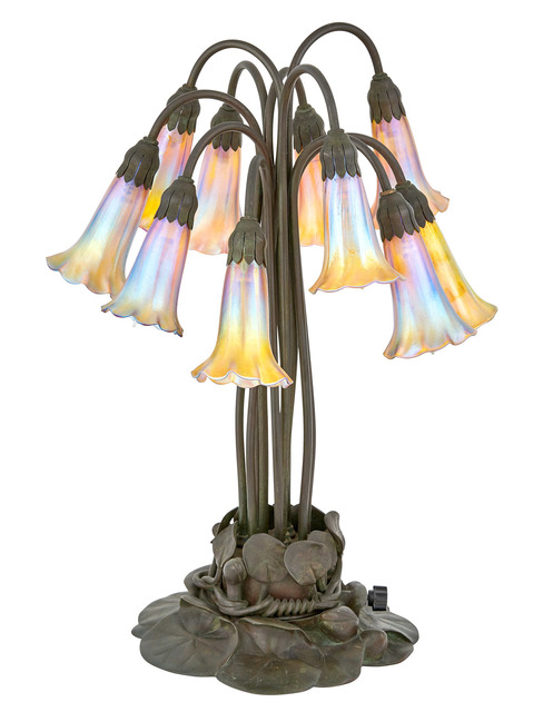 ‘Tiffany Studios Bronze and Gold Favrile Glass Ten-Light Pond Lily Lamp’, circa 1915, Design/Decorative Art, Doyle