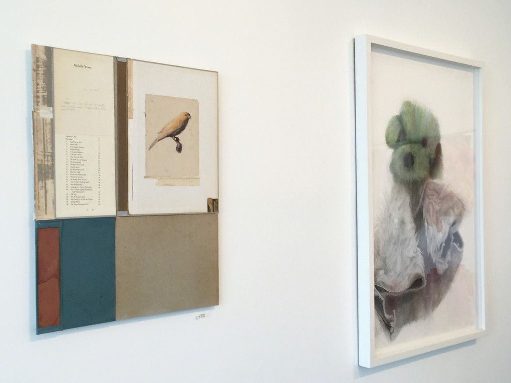left, "Canary" by Dan McClain, hand painted watercolor and prismacolor image on disassembled books, and right, "Envy" by Aida Gamez, prismacolor and graphite pencil drawing. left, "Canary" by Dan McClain, hand painted watercolor and prismacolor image on disassembled books, and right, "Envy" by Aida Gamez, prismacolor and graphite pencil drawing.