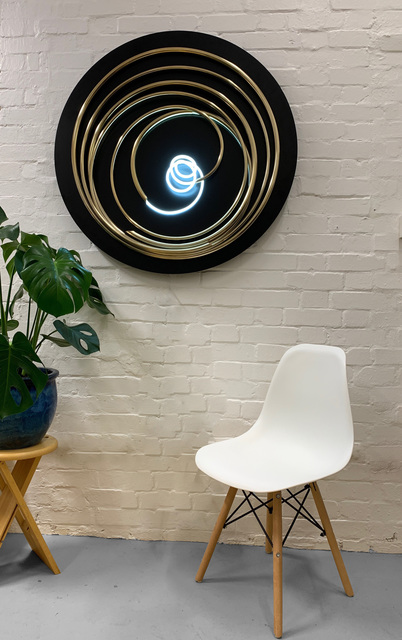 Mark Beattie, ‘White Neon in Gold Spiral’, 2019, Sculpture, 24ct gold plated copper & white neon on painted steel wall-disk, Apotheosis Art