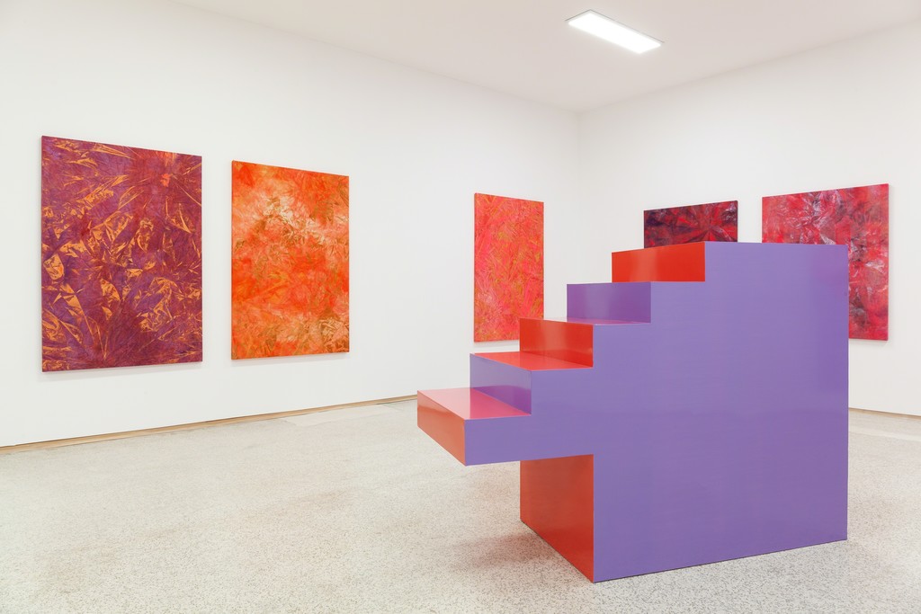 Installation view of Mette Tommerup's Wrinkled Sky and Petals Series, 2018 and Germane Barnes and Karen Rifas' (section) Exploding Staircase, 2018. Installation view of Mette Tommerup's Wrinkled Sky and Petals Series, 2018 and Germane Barnes and Karen Rifas' (section) Exploding Staircase, 2018.
