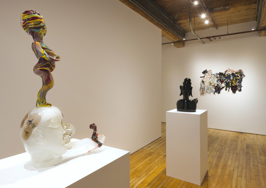 Artwork by Joyce J. Scott (From left to right) "White Tongue" 2013, "Buddha, Wind" 2013, "Nuanced Veil" 2016 Artwork by Joyce J. Scott (From left to right) "White Tongue" 2013, "Buddha, Wind" 2013, "Nuanced Veil" 2016