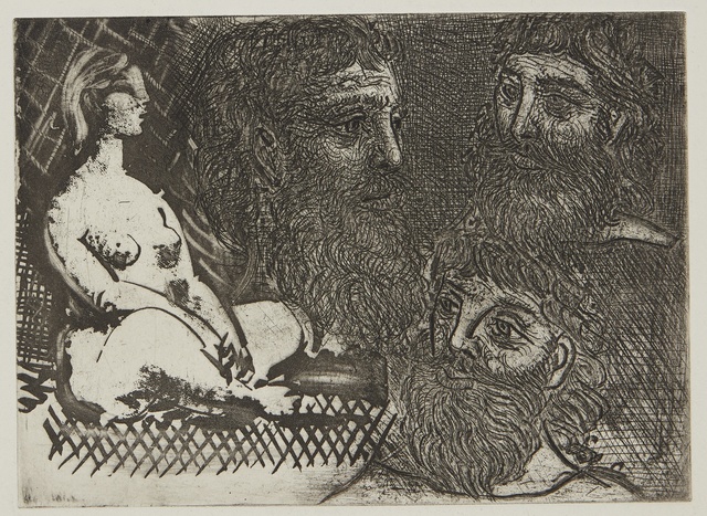 Pablo Picasso, ‘Femme nue assise et têtes barbues (B. 216; Ba. 416)’, Print, Aquatint, scraper, drypoint, and etching, Sotheby's